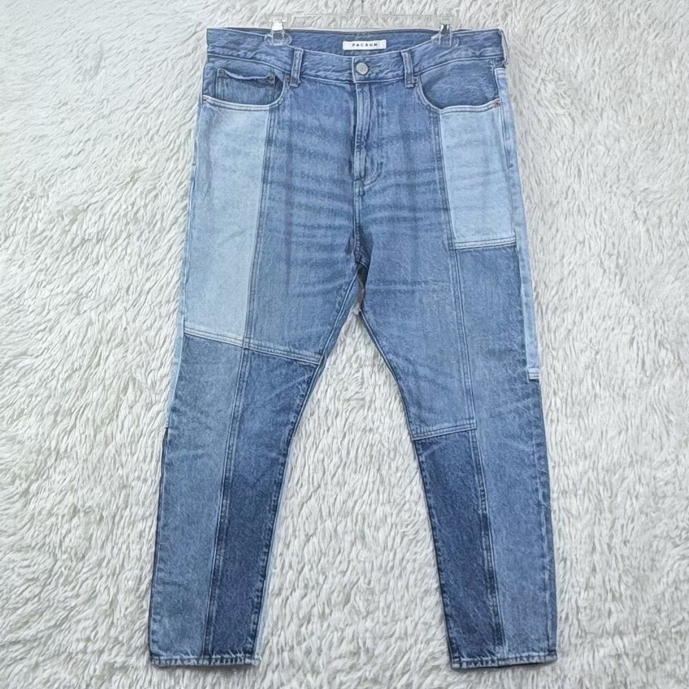 PacSun Men's Slim Taper Patchwork Denim Jeans Size 36x32 Blue 100% Cotton